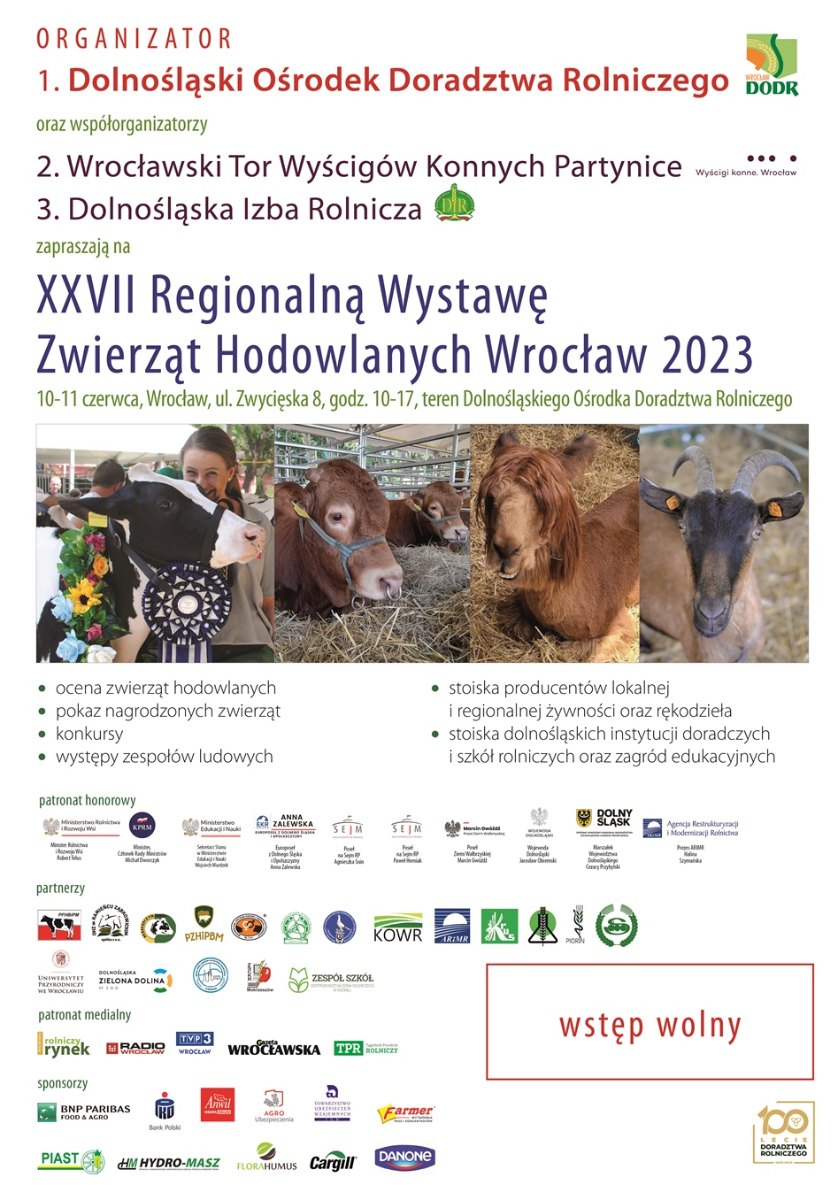 Plakat dotyczący XXVII Regionalnej Wystawy Zwierząt Hodowlanych Wrocław 2023 - 10-11 czerwca, Wrocław, ul. Zwycięska 8, godz 10-17, teren Dolnośląskiego Ośrodka Doradztwa Rolniczego