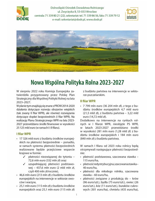 Pierwsza strona ulotki Nowa Wspólna Polityka Rolna 2023-2027
