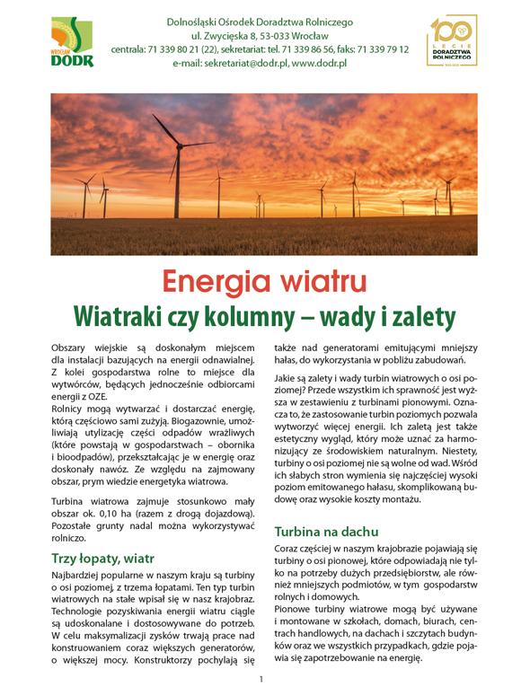 Okładka ulotki "Energia wiatru Wiatraki czy kolumny – wady i zalety"